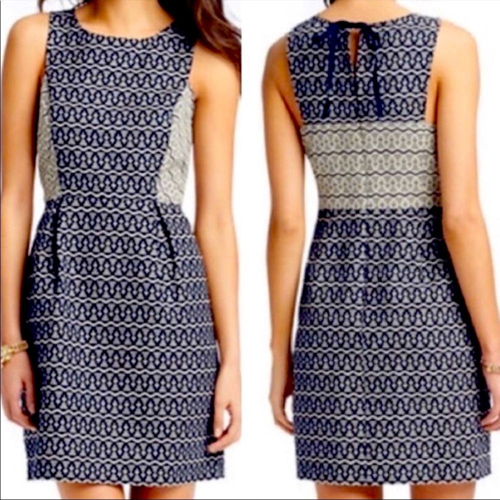 LOFT Navy and Cream Patterned Sleeveless Sheath Dress